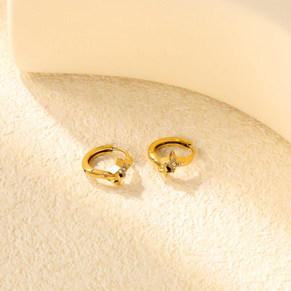 8 x 7.5mm four-pointed star imitation white Czech diamonds, earring posts 2.2 x inner diameter 10mm, gold-colored earrings asonjewelry