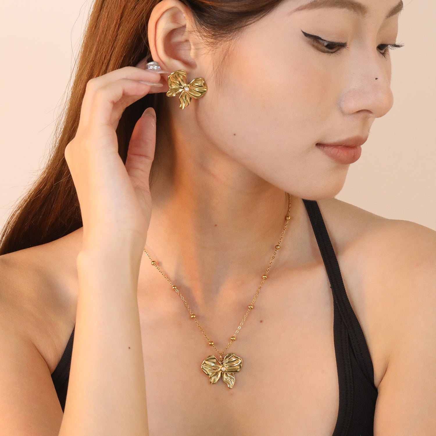 Imitation Pearl French Bow Set, Gold Earrings: 28*24.5mm Pendant: 28*24.5mm 0.4mm Pearl Cross Chain 40+5cm + 6mm Round Tag asonjewelry