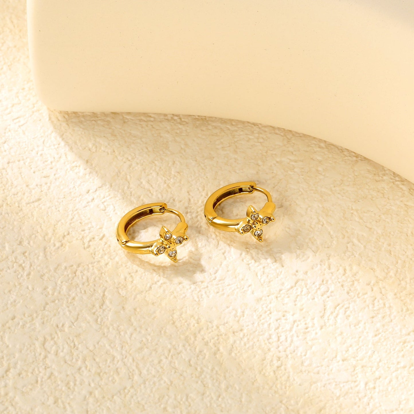 7.5 x 7.7mm cross flower with white zirconia, ear hook 2.2 x inner diameter 10mm, gold earrings asonjewelry