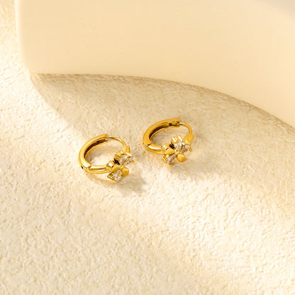 8mm flower-shaped earring with three white zirconia stones, 2.2mm post, and a 10mm inner diameter, gold color asonjewelry
