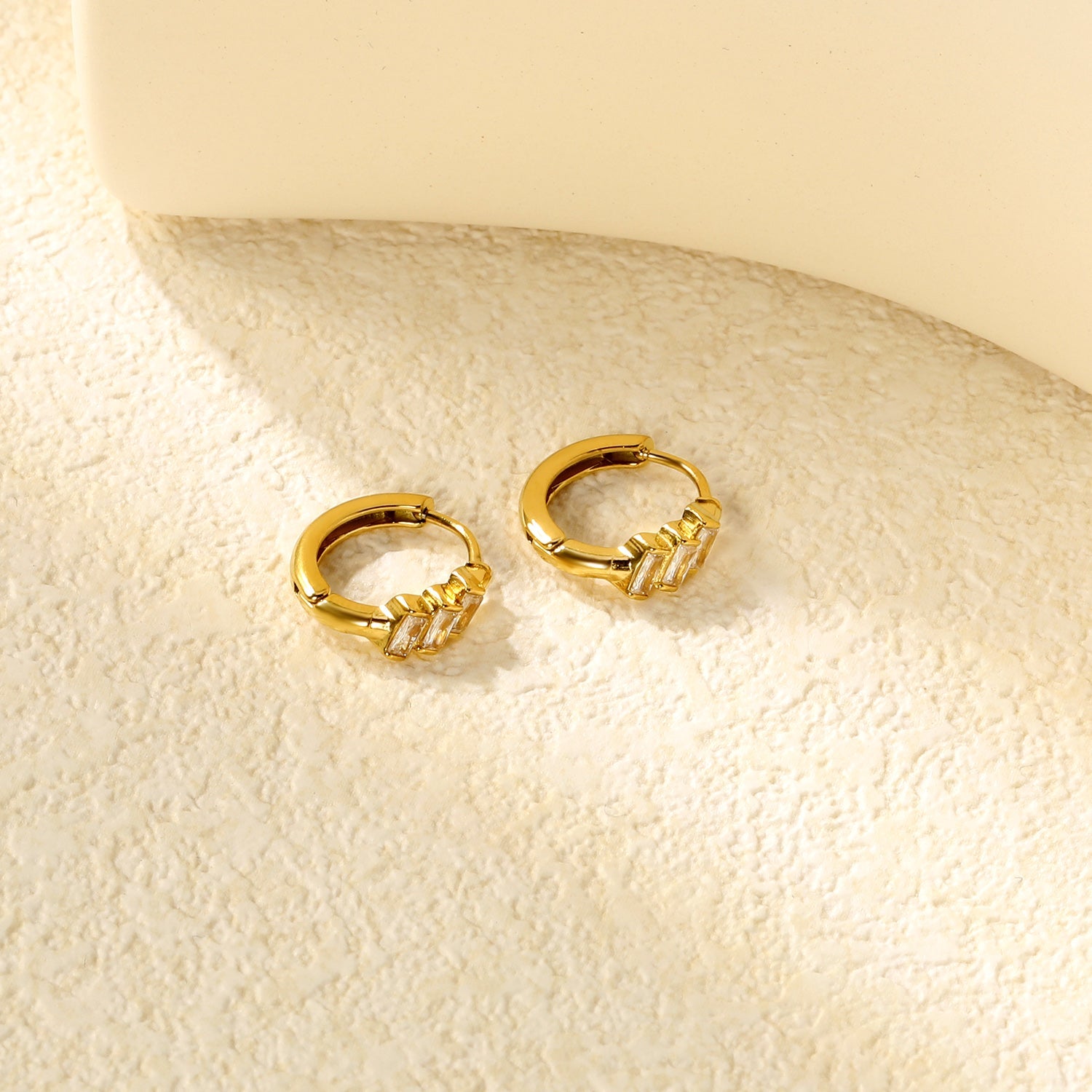 4.2 x 8mm three oblique square-shaped white zirconia earrings with 2.2 x 10mm inner diameter ear hooks, gold color asonjewelry