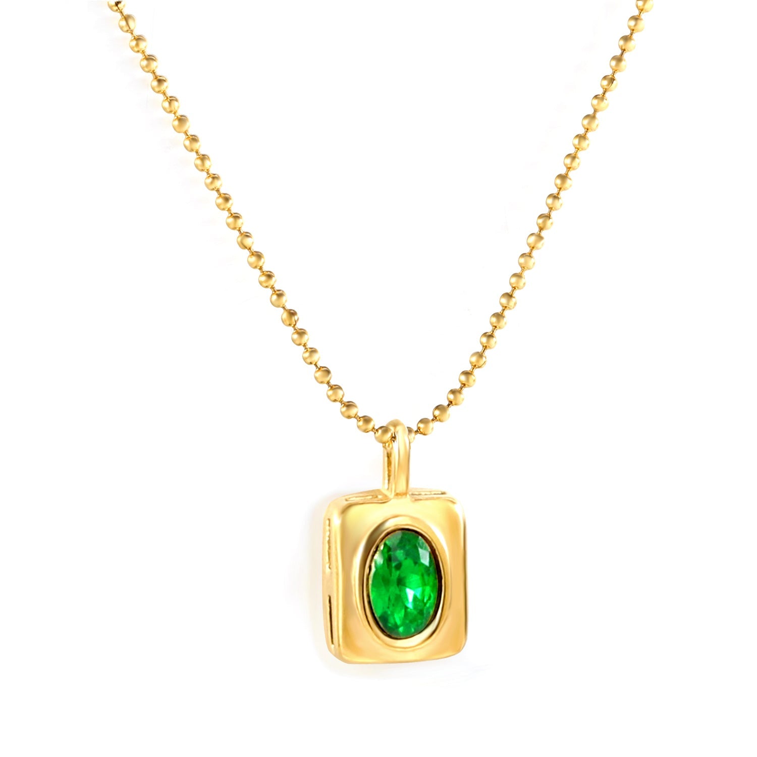 Rectangle with oval green diamond pendant 8*9.5mm Necklace 41+5cm Gold color asonjewelry
