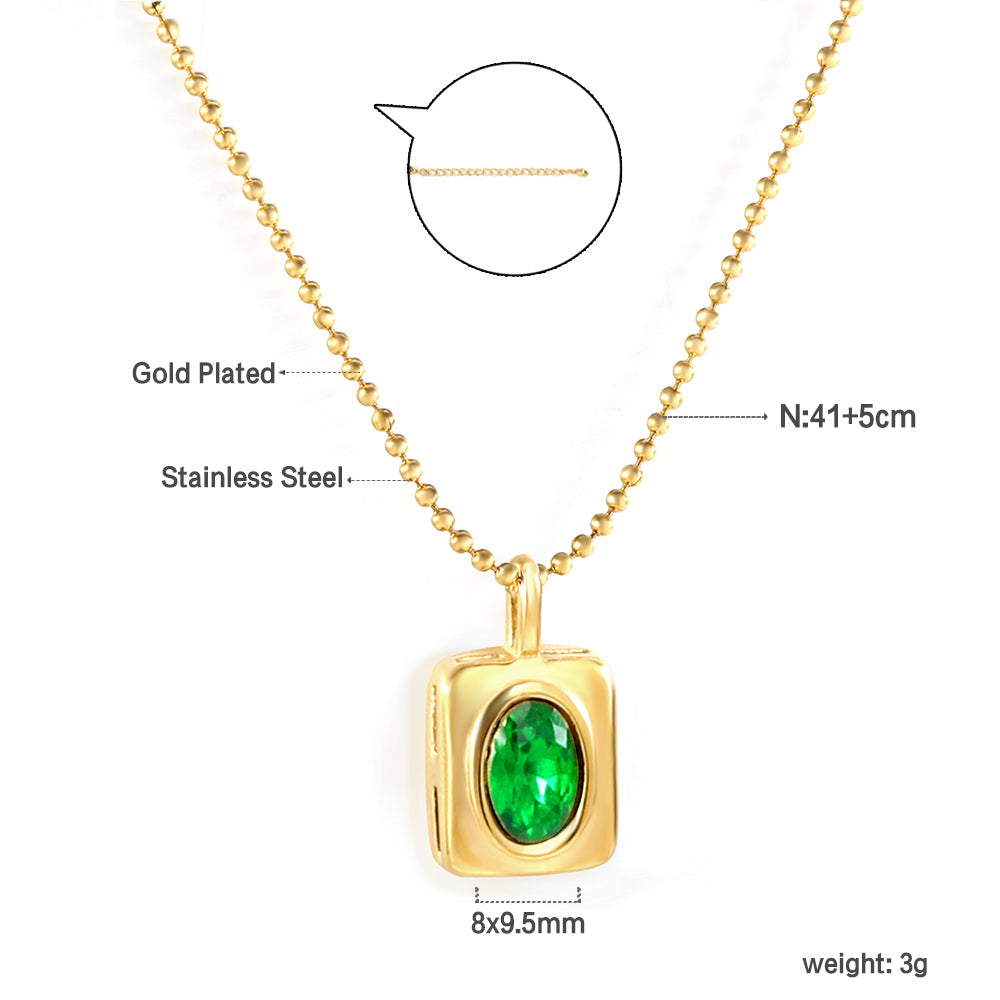 Rectangle with oval green diamond pendant 8*9.5mm Necklace 41+5cm Gold color asonjewelry