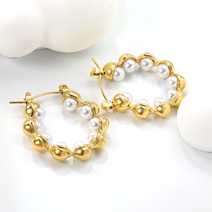 23mm wide + with 4mm imitation white pearl earrings gold color asonjewelry