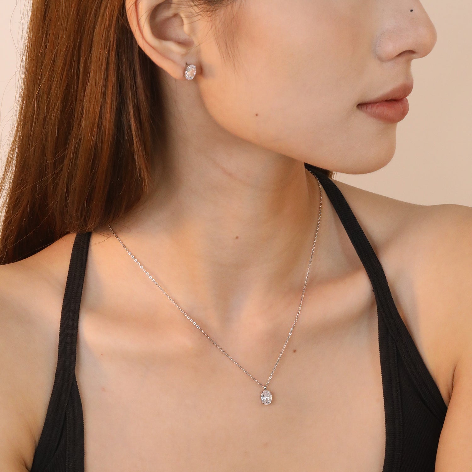 Oval Zirconia Set Gold/Steel Tone Studs: 6*8mm Pendant: 6*8mm 0.3ct Cross Chain 40+5cm + 6mm Round Tag asonjewelry