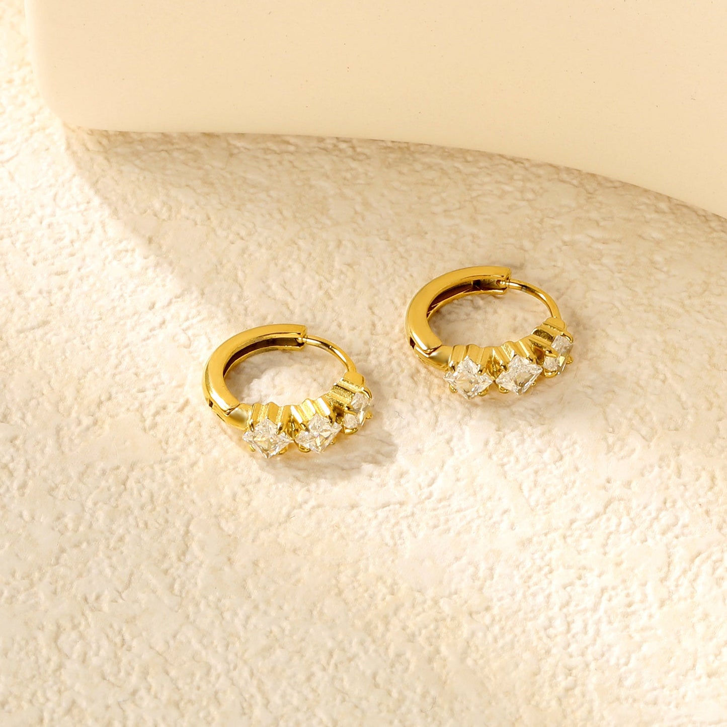 4.1 x 11.7mm three square white zirconia stud earrings with a 2.2mm post and a 10mm inner diameter, gold-colored asonjewelry