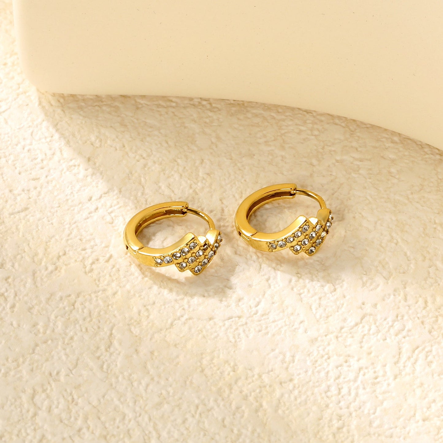 6.4 x 10.9mm diagonal rectangular white zirconia stud earrings with 2.2mm post and 10mm inner diameter, gold-plated asonjewelry