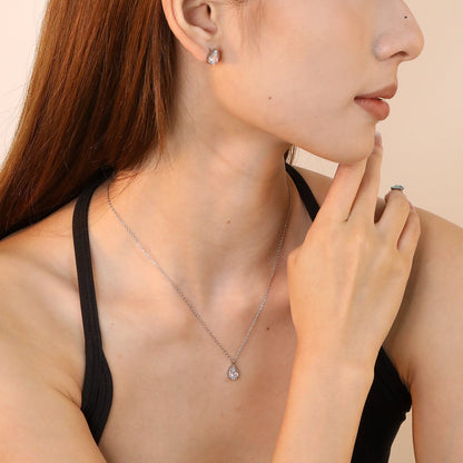 Teardrop White Zircon Set Gold/Steel-Tone Studs: 6.1*9.4mm Pendant: 6.1*9.4mm 0.3ct Cross Chain 40+5cm + 6mm Round Tag asonjewelry