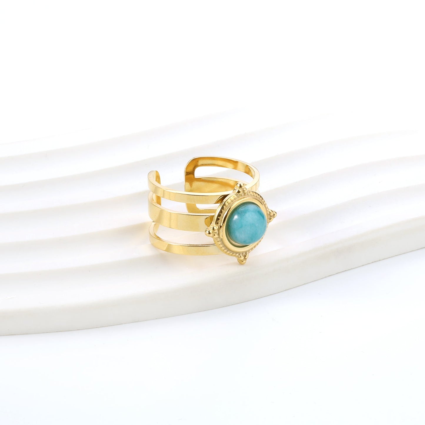 Open Band & 4 Small Lychees & Spherical Natural Stone Ring asonjewelry