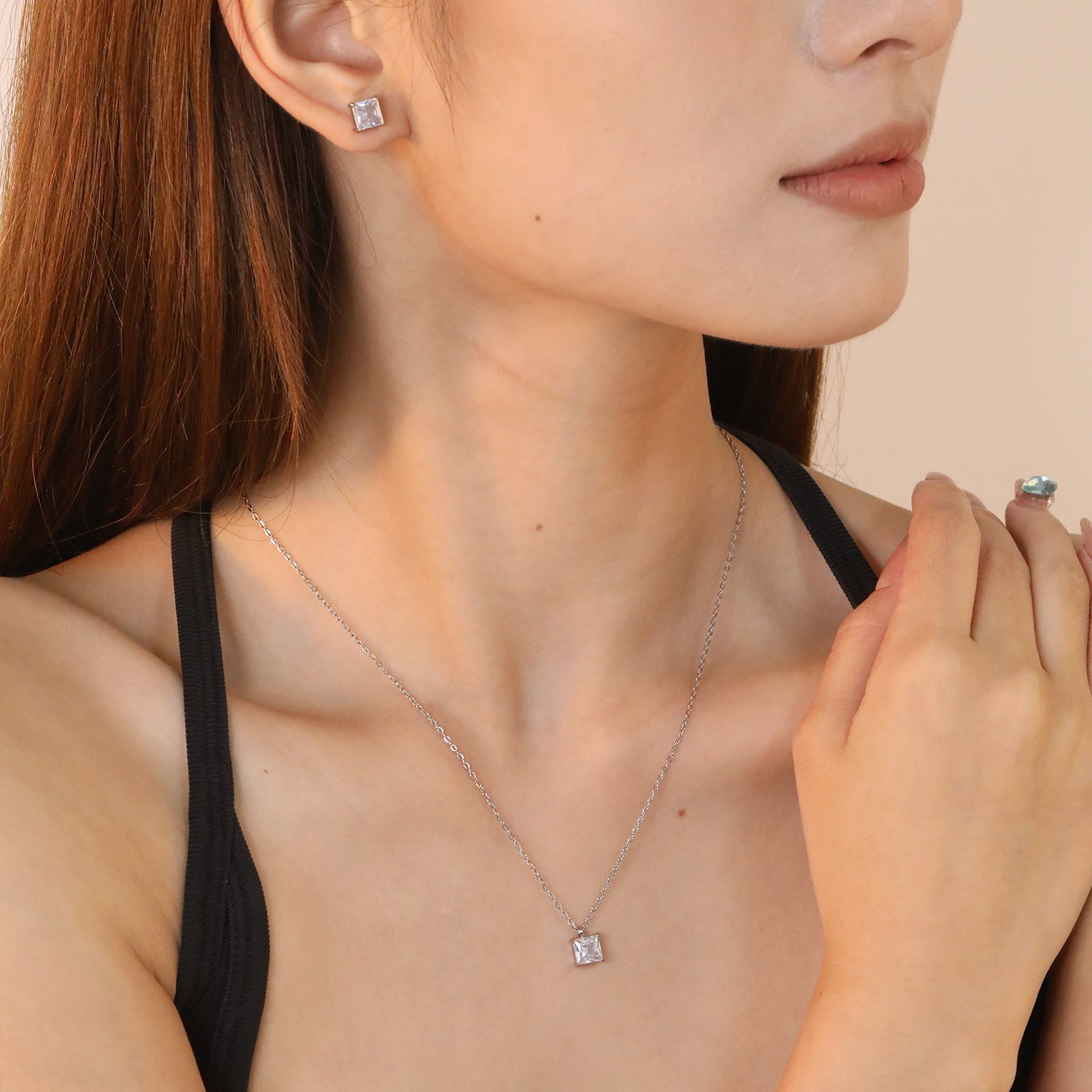 Square Zirconia Set Gold/Steel Tone Studs: 7mm Pendant: 7mm 0.3ct Cross Chain 40+5cm + 6mm Round Tag asonjewelry