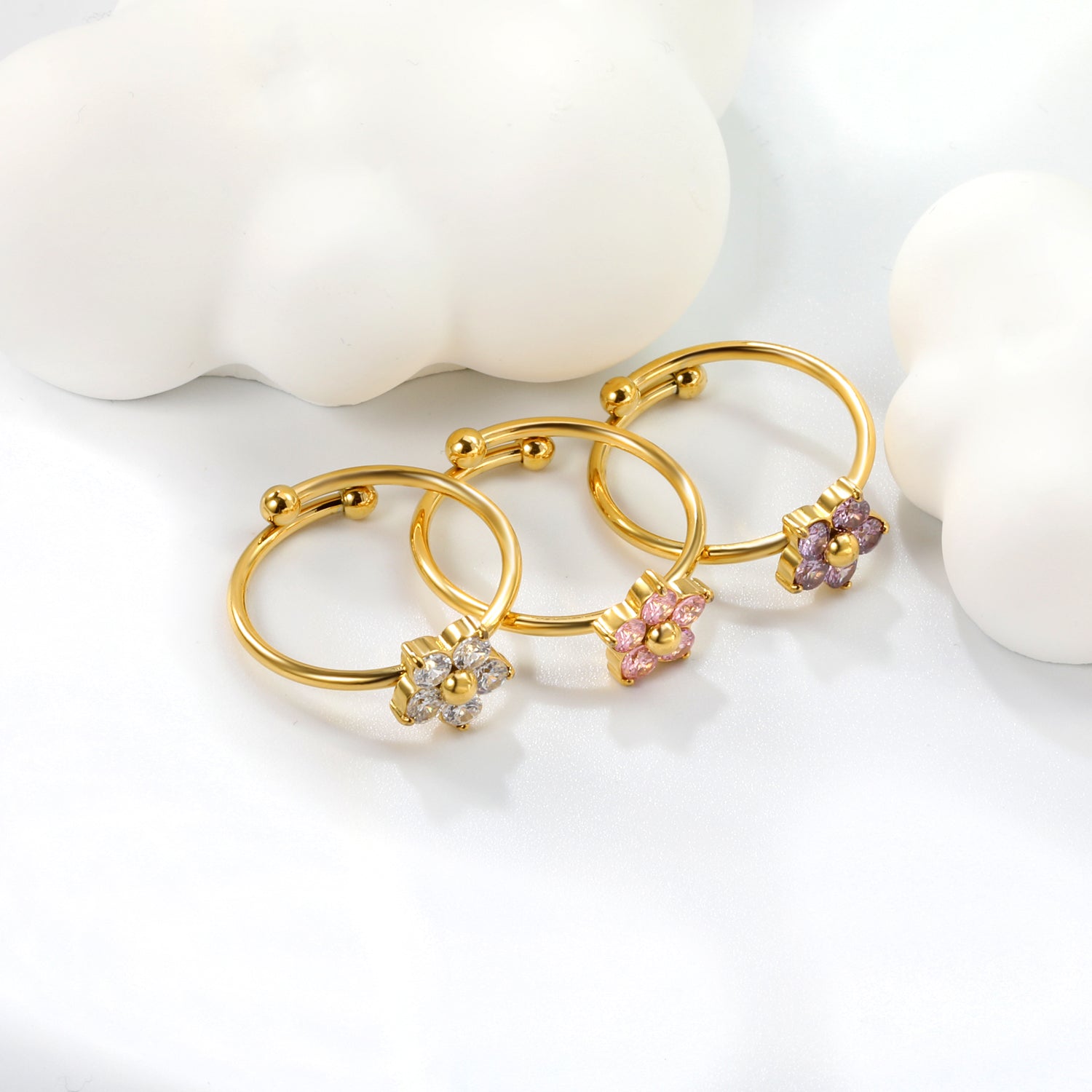 Gold - Plated Multi - Color Gemstone Flower - Shaped Open Rings asonjewelry