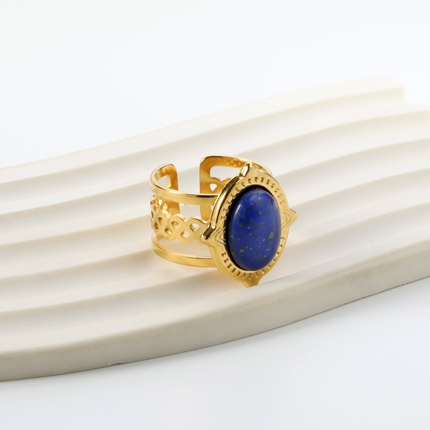 Open Oval Band with Blue Natural Stone Ring asonjewelry