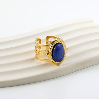 Open Oval Band with Blue Natural Stone Ring asonjewelry