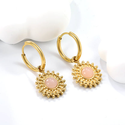 2*12mm I.D. earrings + 15.2mm round pattern face with imitation white pearl/pink crystal/tiger's eye stone fittings Gold color asonjewelry