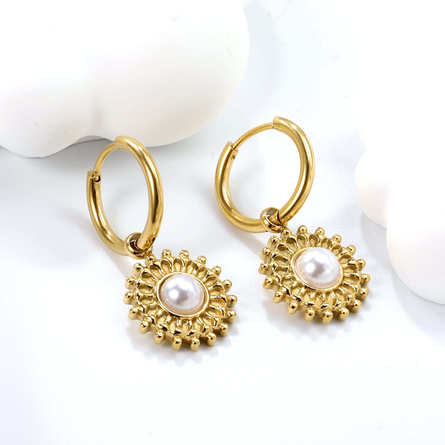 2*12mm I.D. earrings + 15.2mm round pattern face with imitation white pearl/pink crystal/tiger's eye stone fittings Gold color asonjewelry