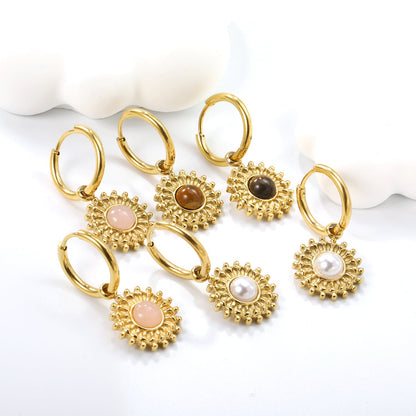 2*12mm I.D. earrings + 15.2mm round pattern face with imitation white pearl/pink crystal/tiger's eye stone fittings Gold color asonjewelry
