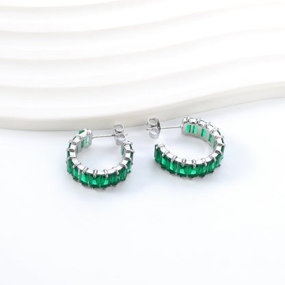 C-Shape with Two Catch Baguette White&Purple&Green&Mixed Diamond Stud Earrings 6.8*21mm asonjewelry