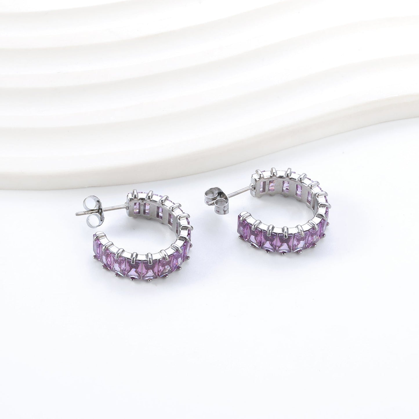 C-Shape with Two Catch Baguette White&Purple&Green&Mixed Diamond Stud Earrings 6.8*21mm asonjewelry