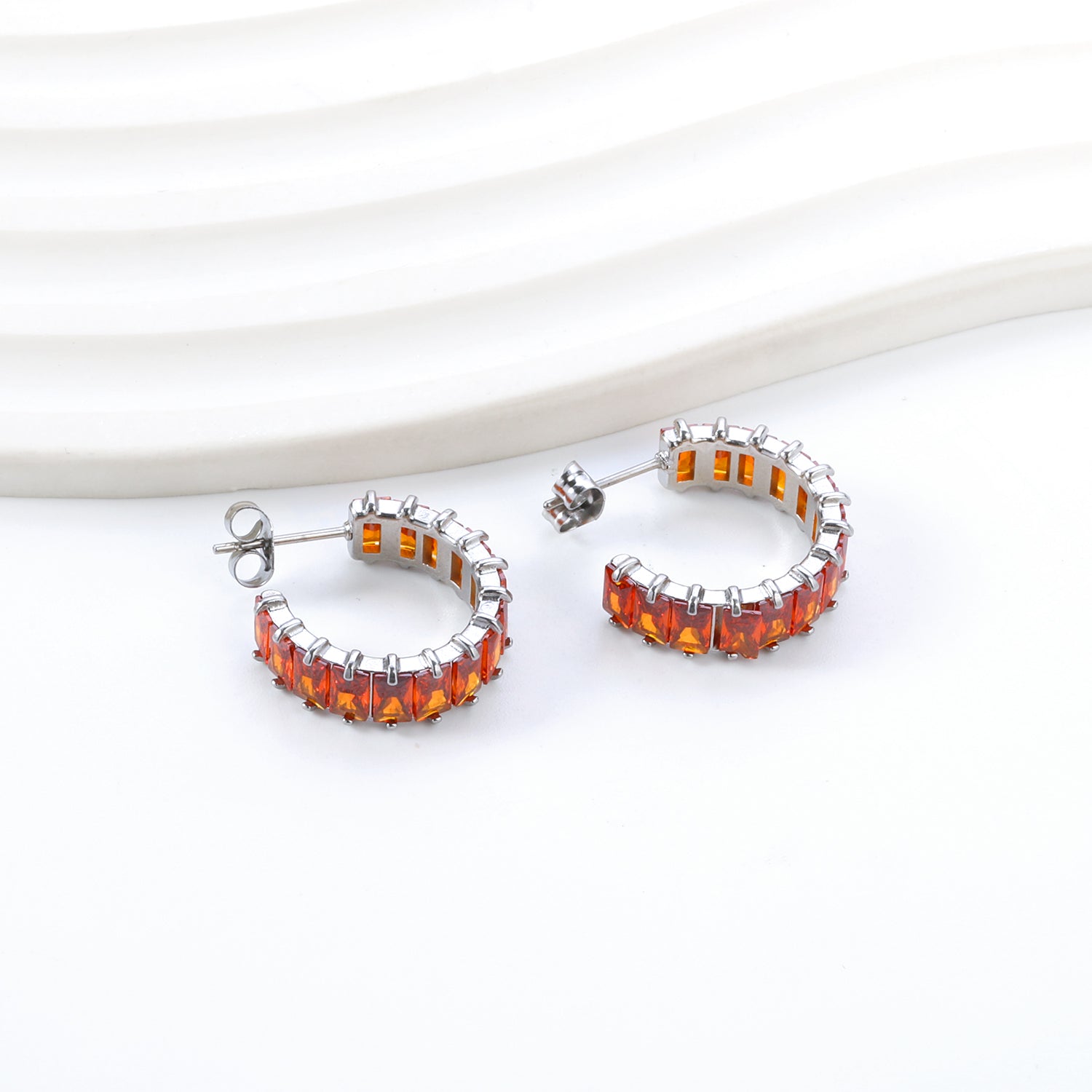 C-Shape with Two Catch Baguette White&Purple&Green&Mixed Diamond Stud Earrings 6.8*21mm asonjewelry