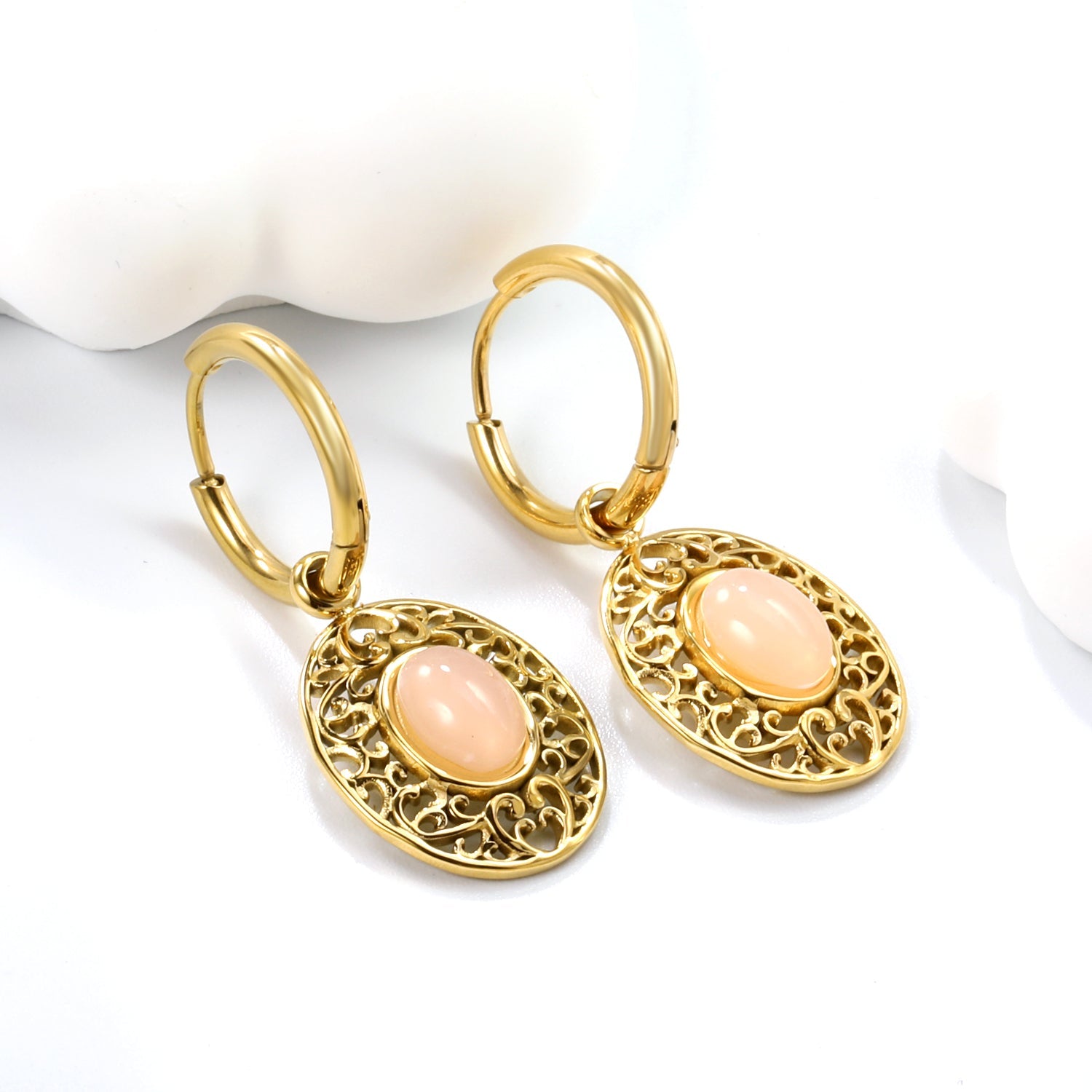 2*12mm I.D. earrings + 15.3*18.7mm oval pattern face band imitation white pearl/pinkstone/tiger's eye stone accessories Earrings Gold color asonjewelry