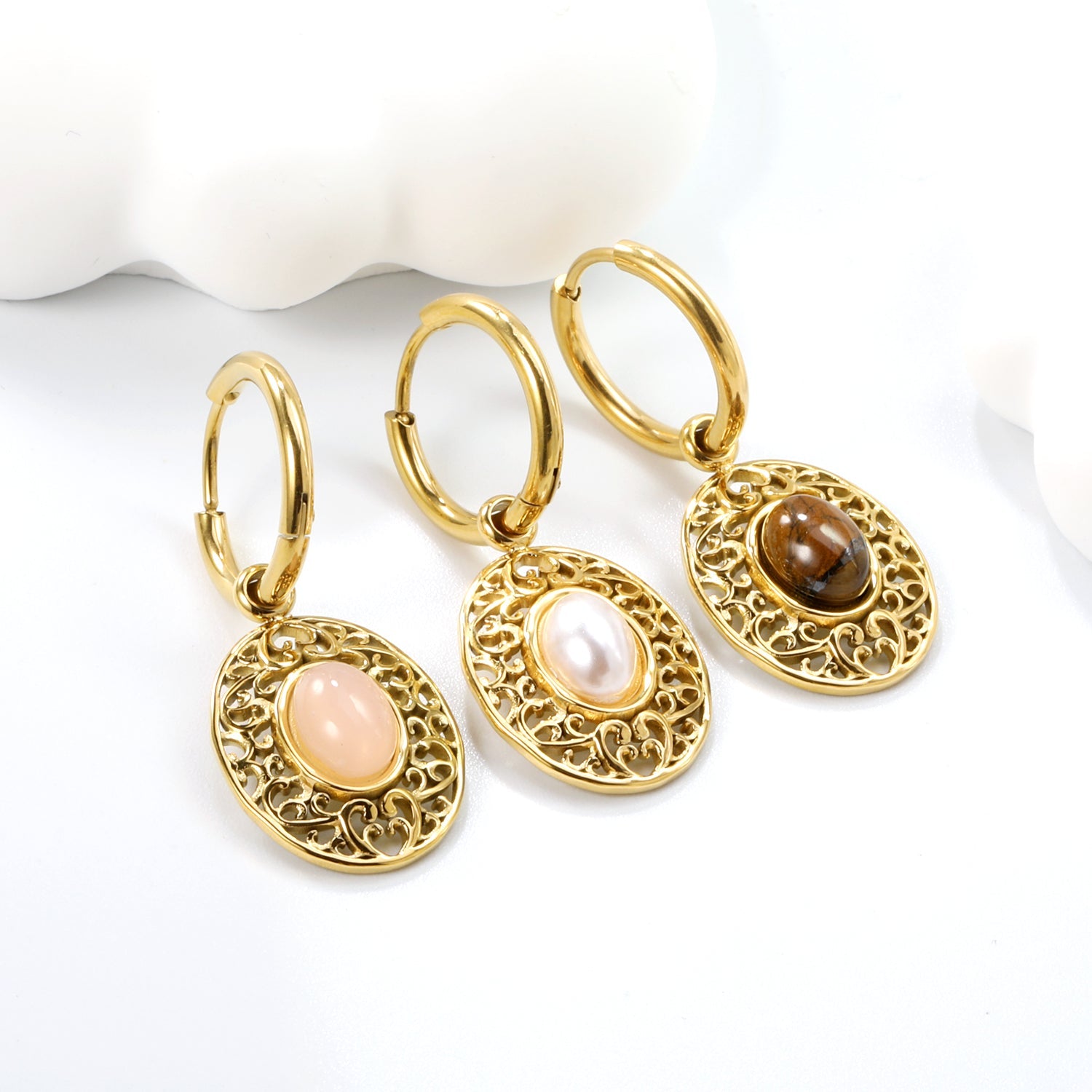 2*12mm I.D. earrings + 15.3*18.7mm oval pattern face band imitation white pearl/pinkstone/tiger's eye stone accessories Earrings Gold color asonjewelry