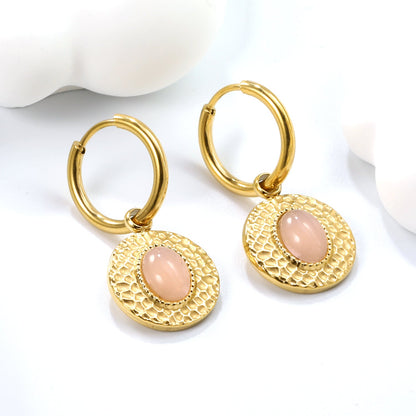 2*12mm I.D. earrings+15.5mm round cake stick imitation white pearl/pink crystal/tiger eye stone earrings gold color asonjewelry