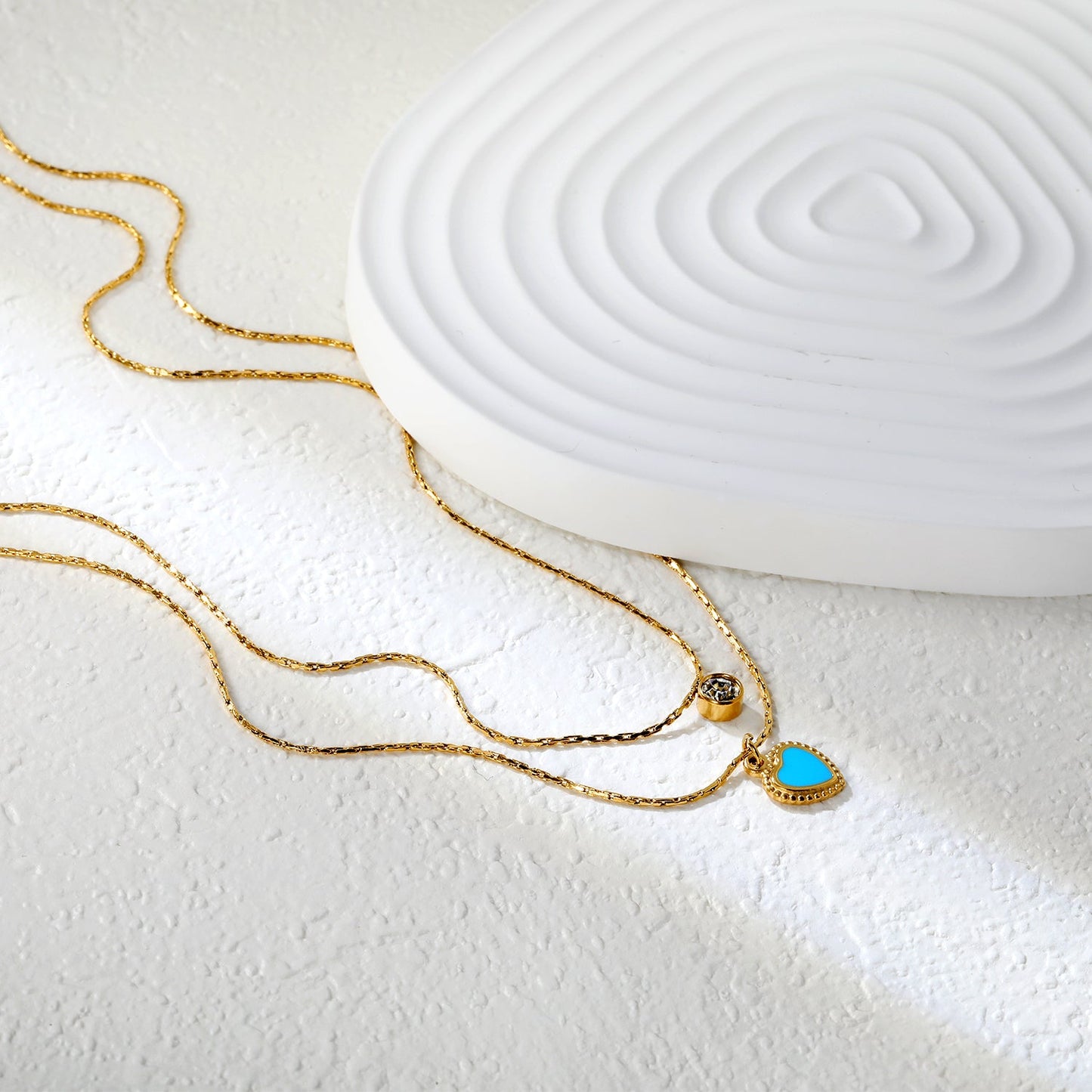 5mm cylindrical white diamond + 8.5x11.1mm blue teardrop heart 0.9 hammered square chain 50+40+5cm + 6mm round tag double chain necklace, gold asonjewelry