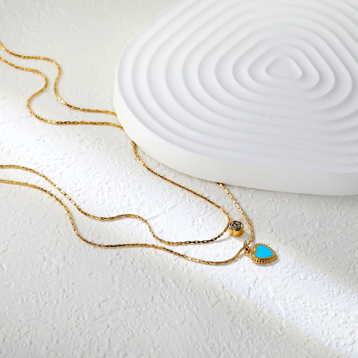 5mm cylindrical white diamond + 8.5x11.1mm blue teardrop heart 0.9 hammered square chain 50+40+5cm + 6mm round tag double chain necklace, gold asonjewelry