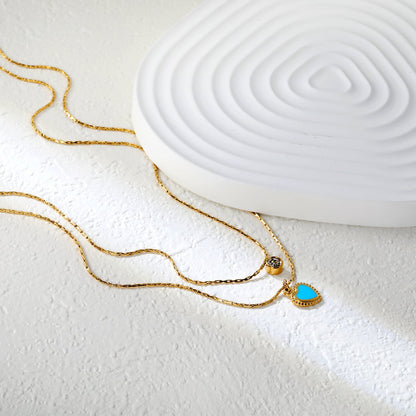 5mm cylindrical white diamond + 8.5x11.1mm blue teardrop heart 0.9 hammered square chain 50+40+5cm + 6mm round tag double chain necklace, gold asonjewelry