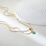 5mm cylindrical white diamond + 8.5x11.1mm blue teardrop heart 0.9 hammered square chain 50+40+5cm + 6mm round tag double chain necklace, gold