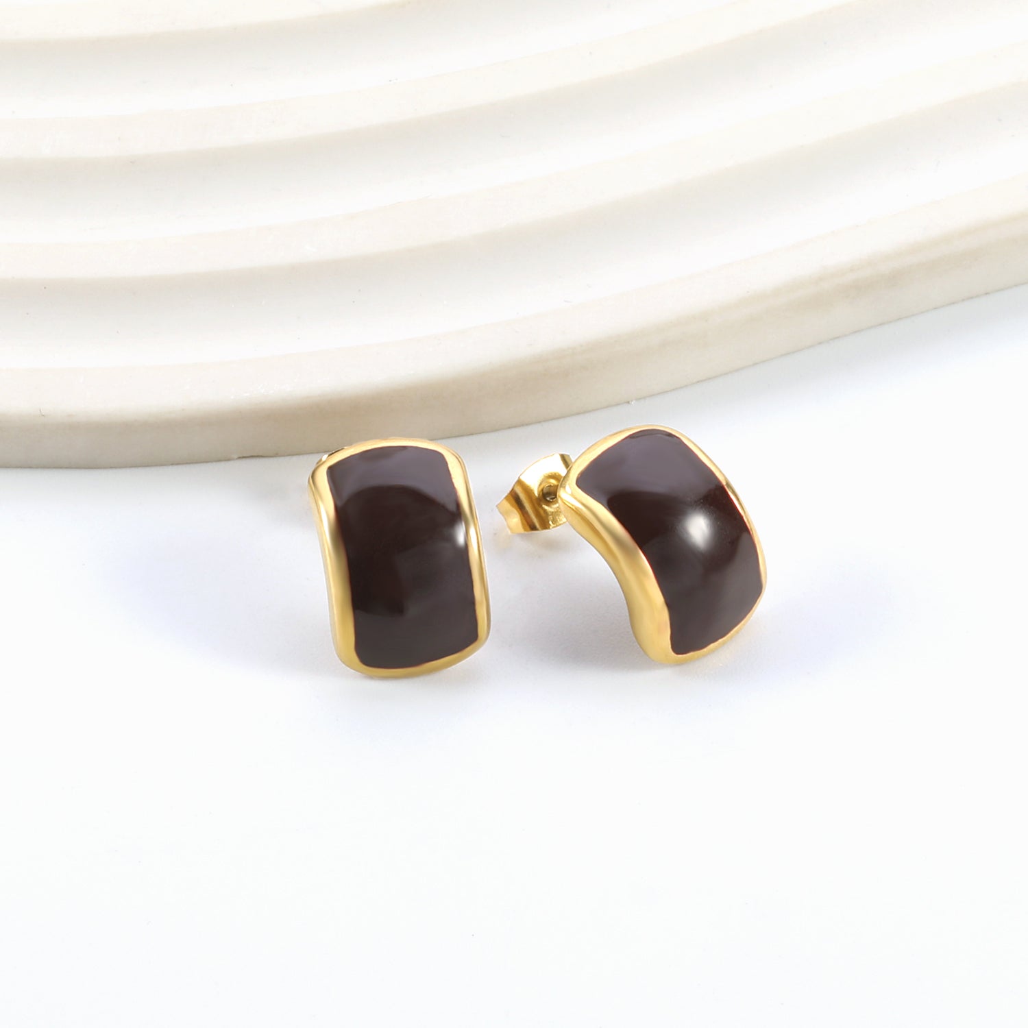 Curved rectangle with black oil drop earrings 10.6*15.8mm gold color asonjewelry