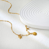 10.2 x 10.7mm Shell + 9 x 12.7mm Starfish + 4.2mm Cylindrical White Diamond 42+5cm + 10 x 3cm Necklace Steel/Gold