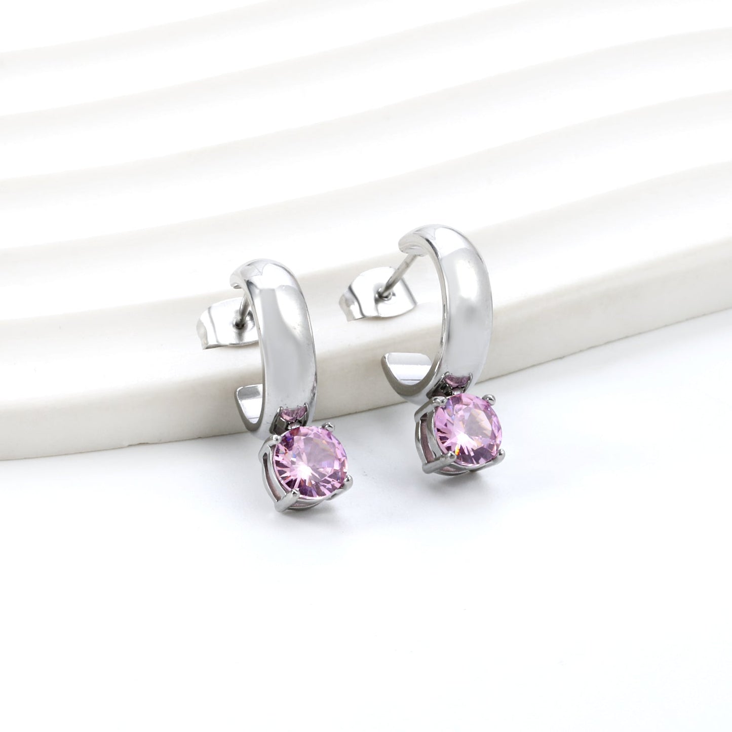 4.3*15mm C-shaped hoop with four scratches round white&black&purple&pink&green diamond stud earrings 6.2mm asonjewelry