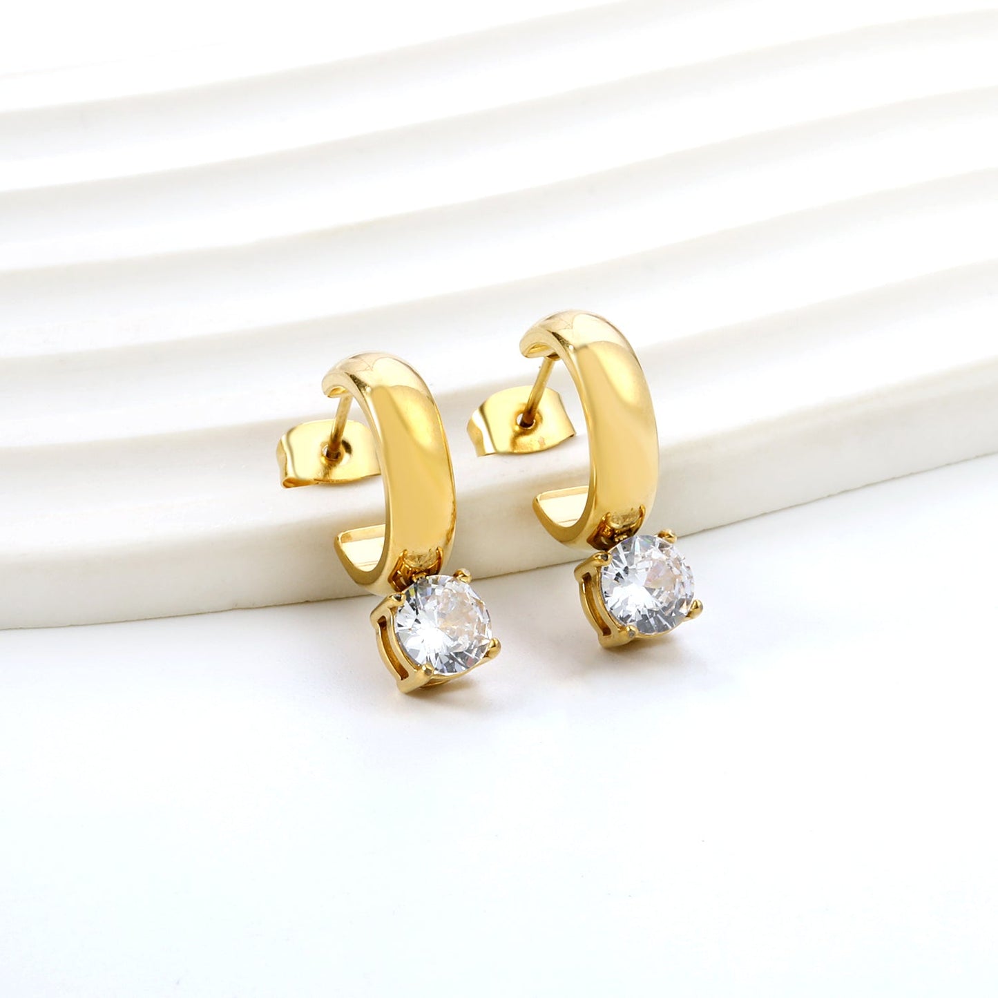 4.3*15mm C-shaped hoop with four scratches round white&black&purple&pink&green diamond stud earrings 6.2mm asonjewelry