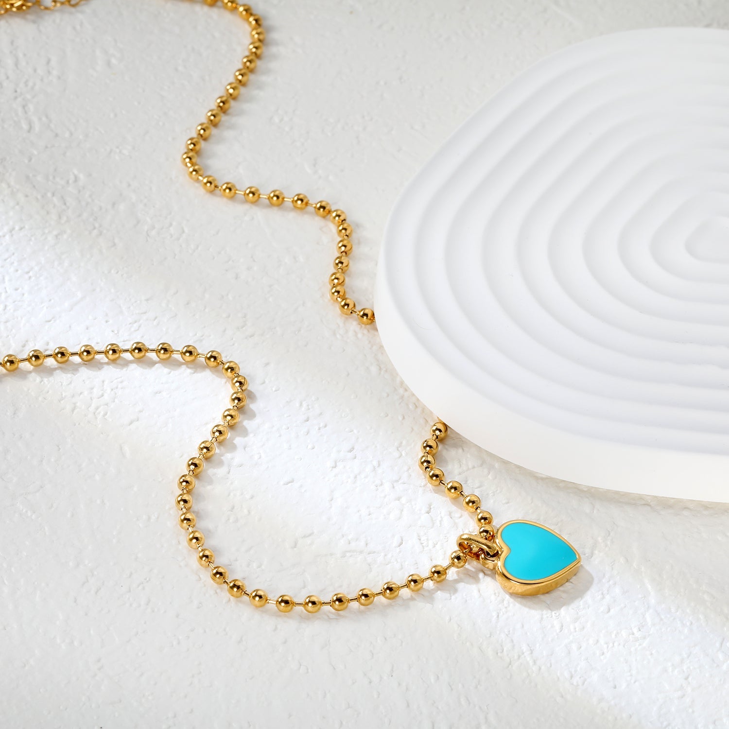 14.3x16.4mm blue teardrop heart 3mm bead chain 40+5cm + 6mm round tag necklace, gold asonjewelry