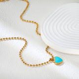 14.3x16.4mm blue teardrop heart 3mm bead chain 40+5cm + 6mm round tag necklace, gold