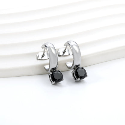 4.3*15mm C-shaped hoop with four scratches round white&black&purple&pink&green diamond stud earrings 6.2mm asonjewelry