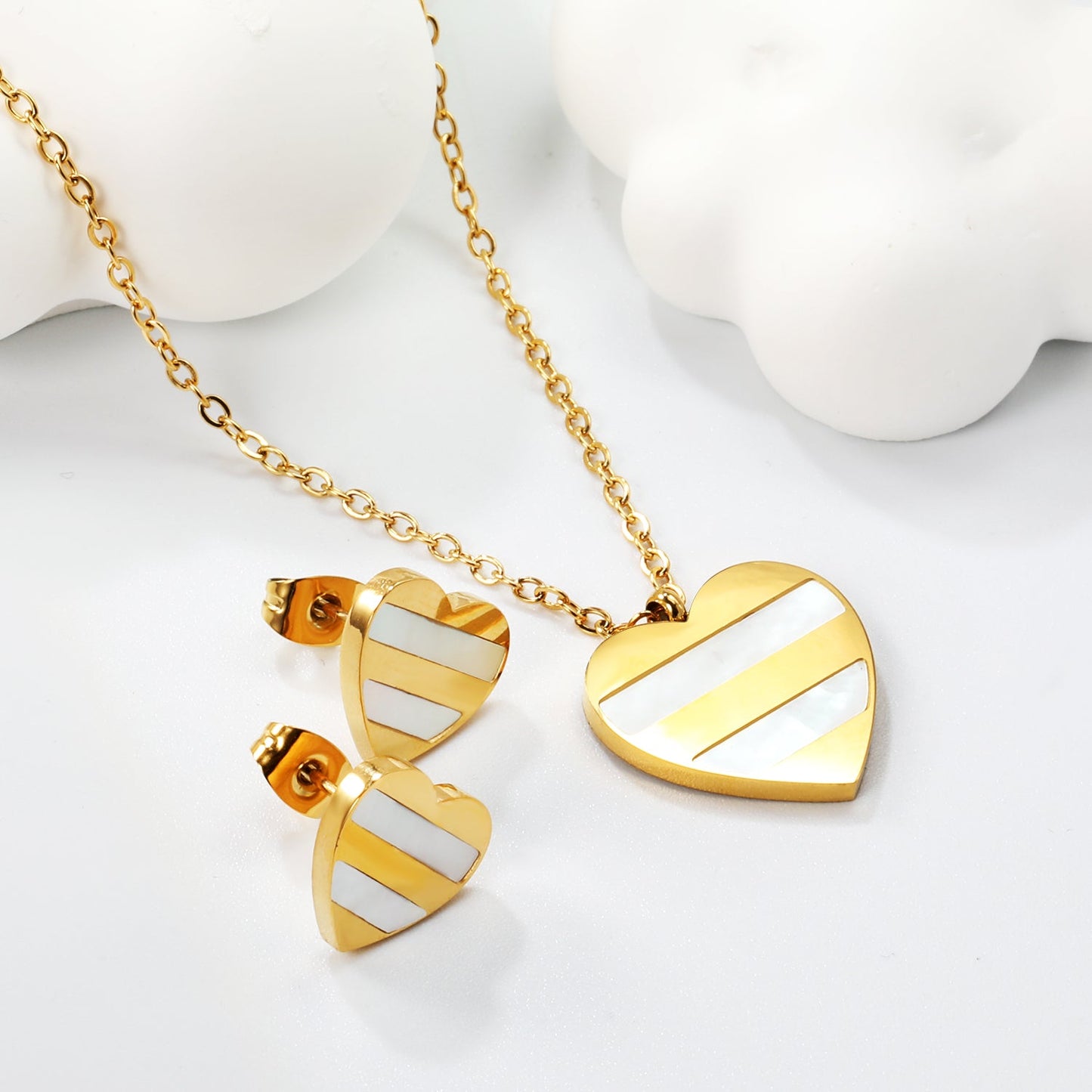 Heart Shape Sticky White Shell Set Steel/Gold Earrings:12*12mm Pendant:18*18mm 04Cross45+5cm+6mm Round Plaque asonjewelry