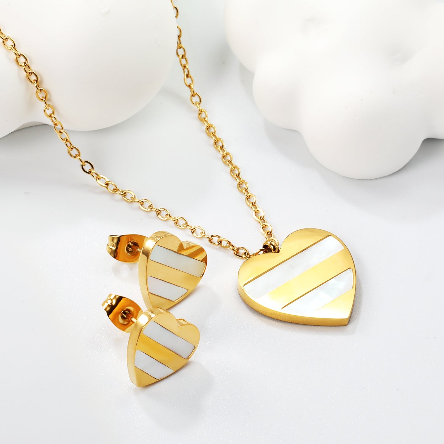 Heart Shape Sticky White Shell Set Steel/Gold Earrings:12*12mm Pendant:18*18mm 04Cross45+5cm+6mm Round Plaque asonjewelry