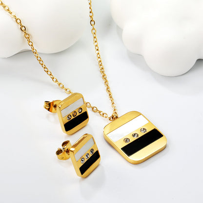 Rectangle Sticky Black and White Shells + White Diamonds Set Steel Color / Gold Earrings: 10.5*12mm Pendant: 16*18mm 04 Cross 45+5cm+6mm Round Plaque asonjewelry