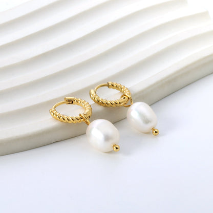 2.5x14mm Twisted Circle with Oval White Pearl Stud Earrings 7.5*11mm Gold Color asonjewelry