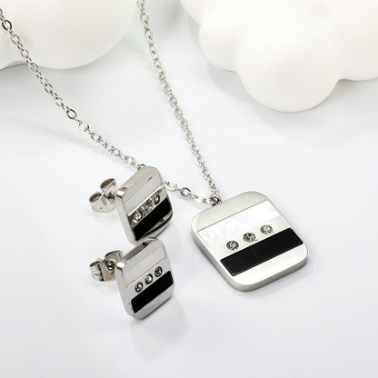 Rectangle Sticky Black and White Shells + White Diamonds Set Steel Color / Gold Earrings: 10.5*12mm Pendant: 16*18mm 04 Cross 45+5cm+6mm Round Plaque asonjewelry