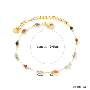 2mm Steel Beads + 3mm Colored Stones 16+5cm + 10*3mm Square Tag Bracelet Gold