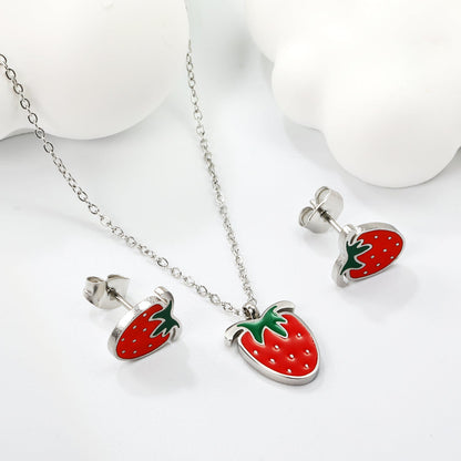 ¡°Strawberry with red oil drip accessories Set Steel color/golden 0.3 cross 40+5+6mm round plate Pendant: 10.7*13.5mm Earrings: 9*10mm asonjewelry