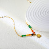 4mm mixed-color natural stone + 3mm steel beads + 11.2mm sun pendant, 40cm lip chain + 5cm + 3.5x11mm square-shaped pendant, necklace, gold color