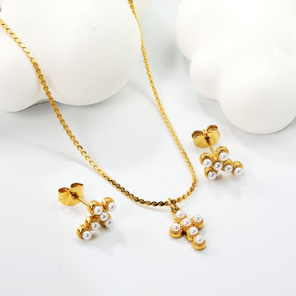 Cross stick imitation white pearl accessories set Gold color Width 1mm S chain 40+5+6mm round plate Pendant: 8.4*11mm Earrings: 8.4*11mm asonjewelry
