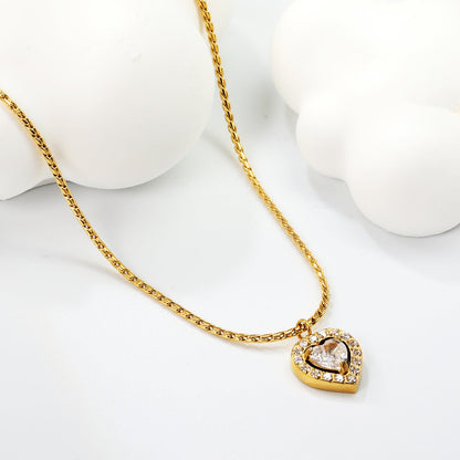 9.4*10mm Heart CNC White Zirconium Circle Pendant 40+5cm+6mm Necklace Golden asonjewelry