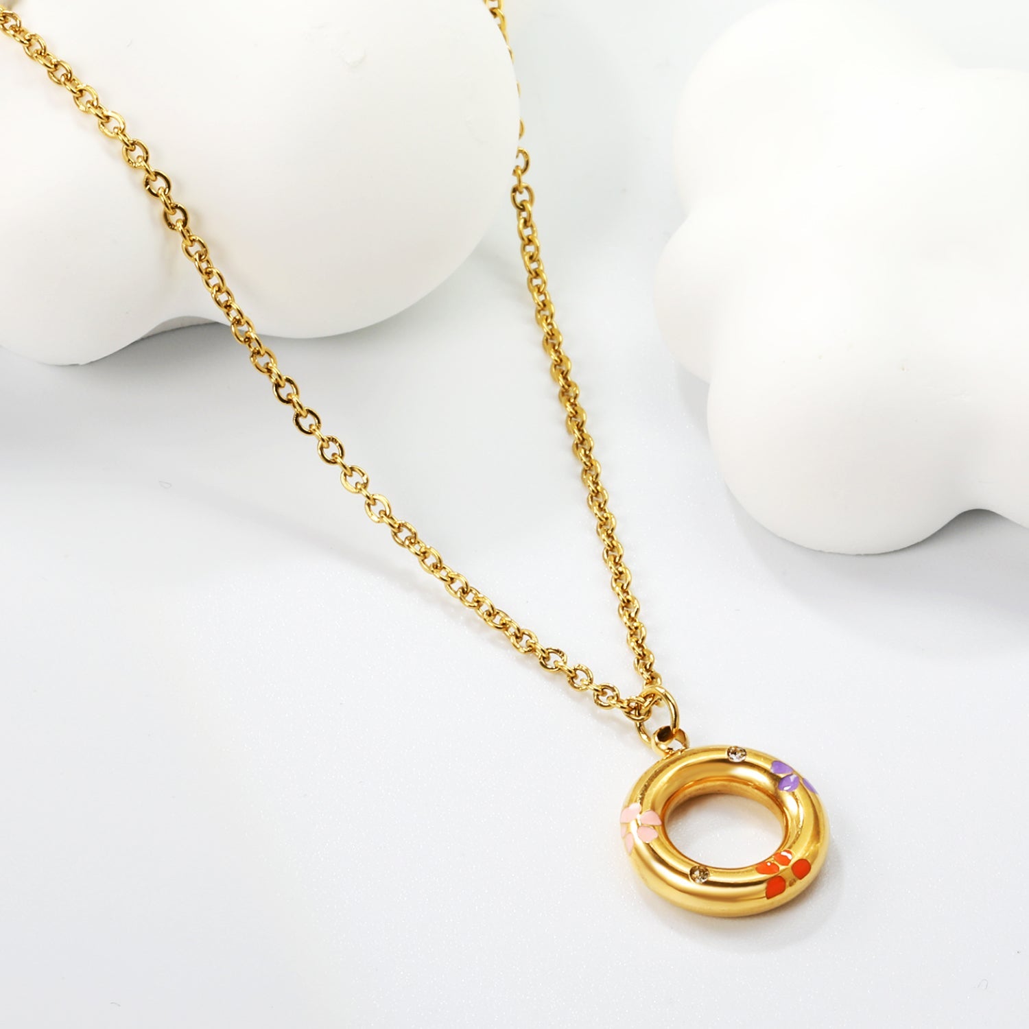 13mm circle with mixed color flower oil drop pendant necklace 40+5cm+Golden asonjewelry