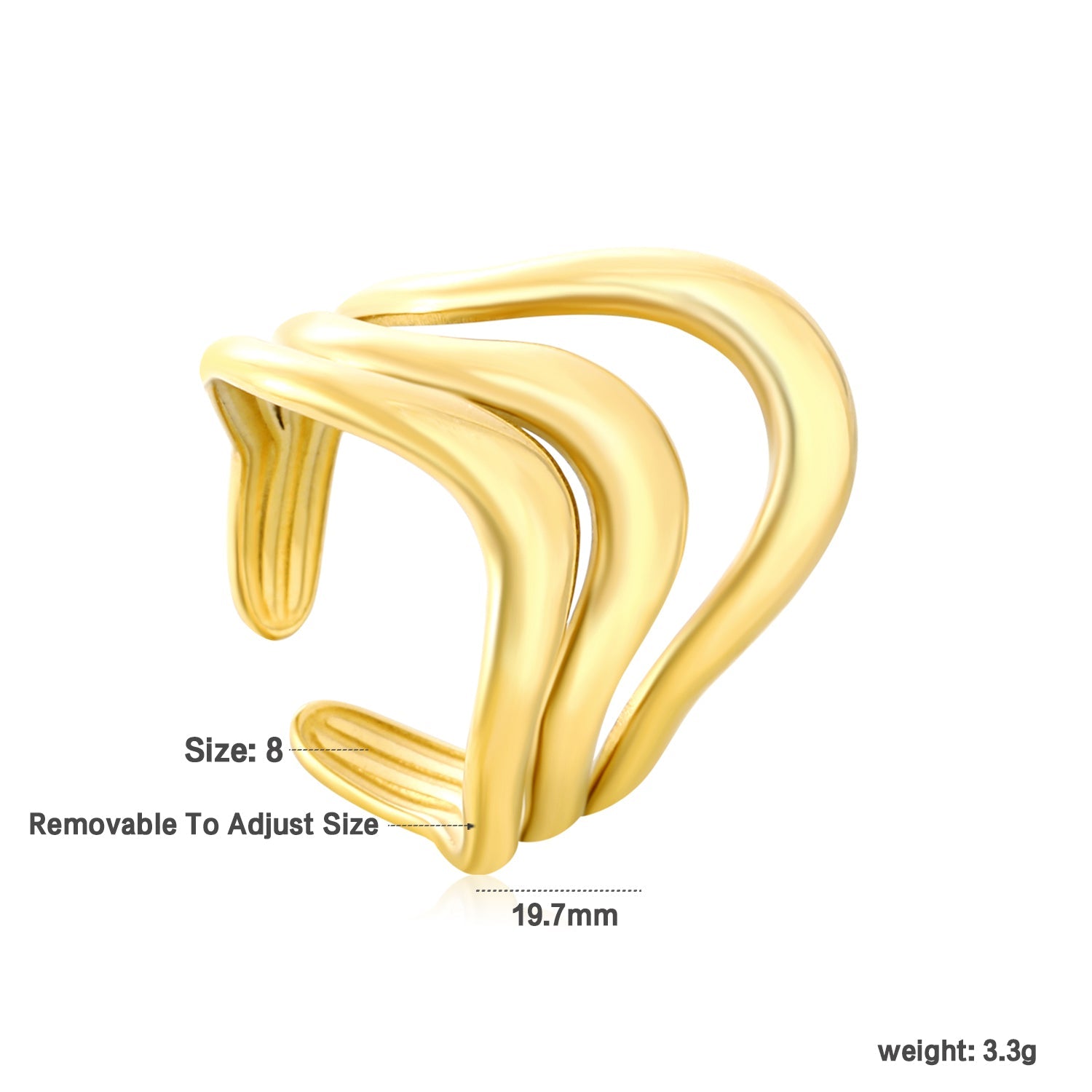 19.7mm Irregular Wavy Open Ring Gold 8 asonjewelry