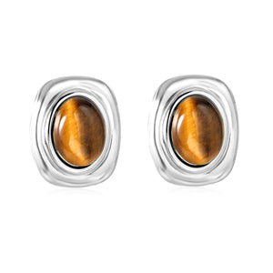 21mm x 25.1mm Oval Tiger's Eye Stud Earrings Steel/Gold